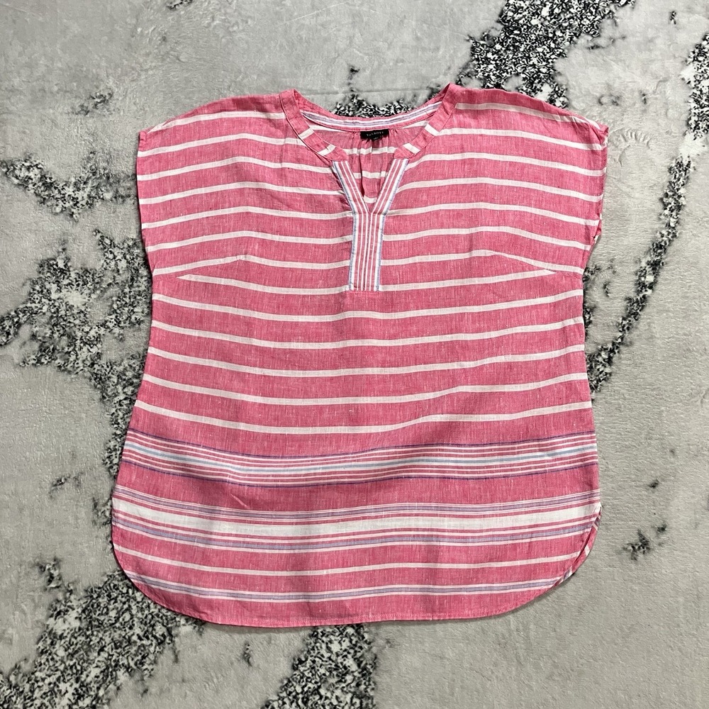 Talbots 100% Linen Shirt Womens Sz Large Pink White Striped Split Neck SS Blouse